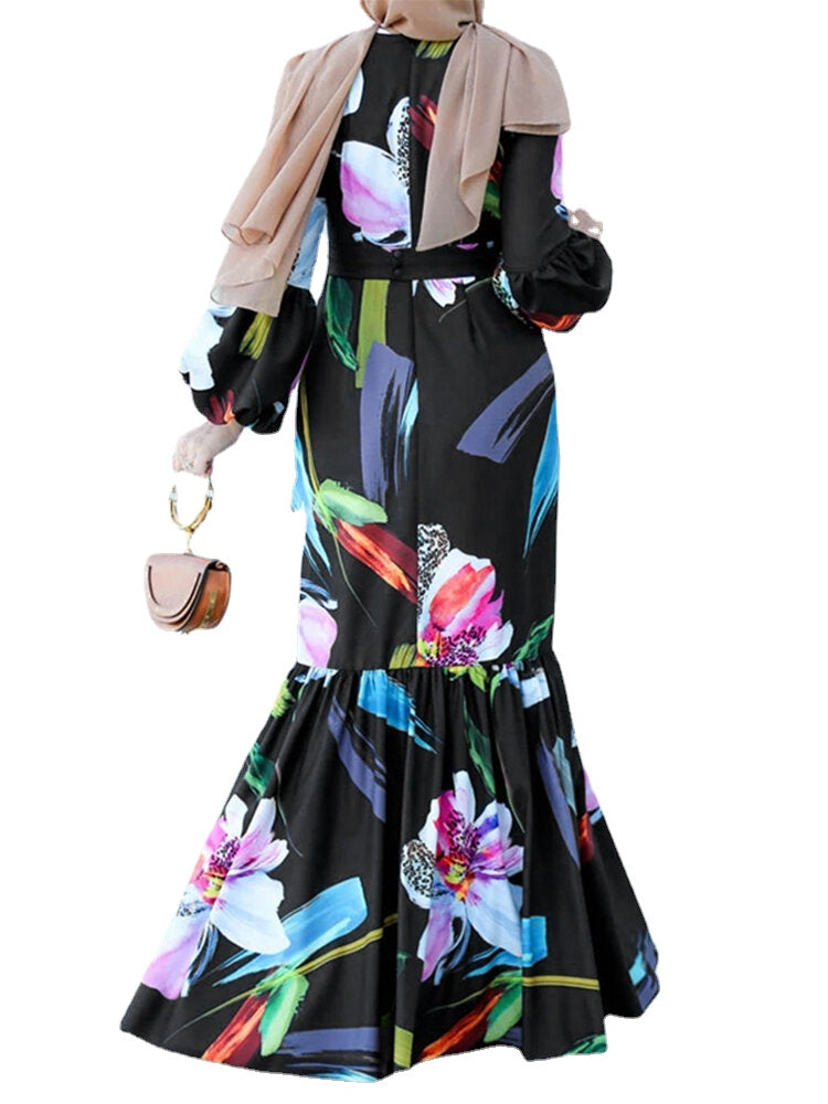 Women Floral Print Puff Sleeve Ruffle Hem O-Neck Zipper Casual Retro Maxi Dress