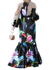 Women Floral Print Puff Sleeve Ruffle Hem O-Neck Zipper Casual Retro Maxi Dress