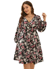 Plus Size V-neck Floral Print Long Sleeves Dress