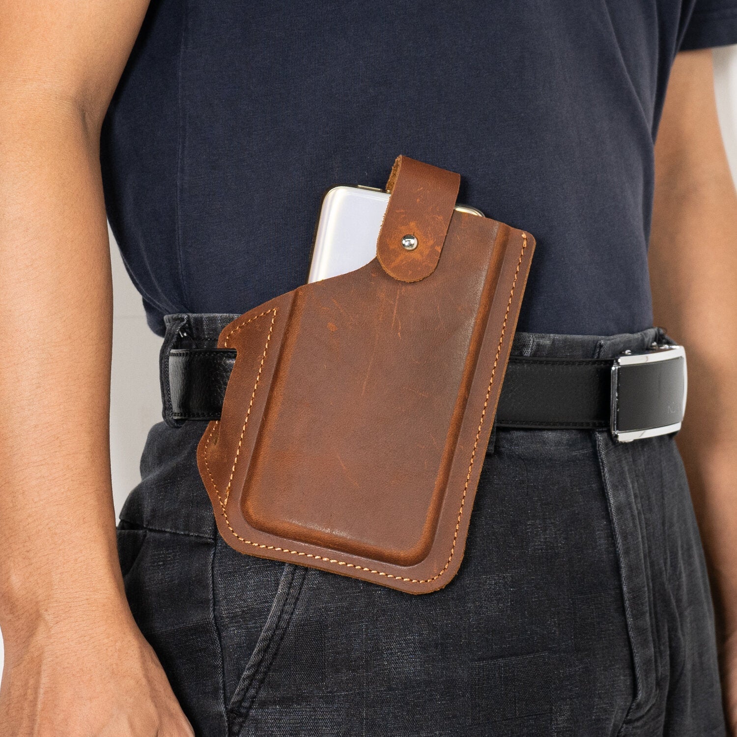 Men EDC Genuine Leather 6.5 Inch Phone Holder Waist Belt Bag