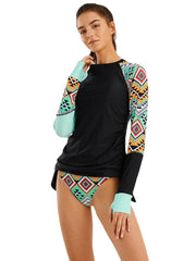 Women Vintage Geometric Print Sunscreen Long Sleeves Surfing String Panty Sports Bikini