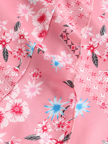Bohemian Floral Print V-neck Drawstring Waist Short Sleeve Maxi Dress
