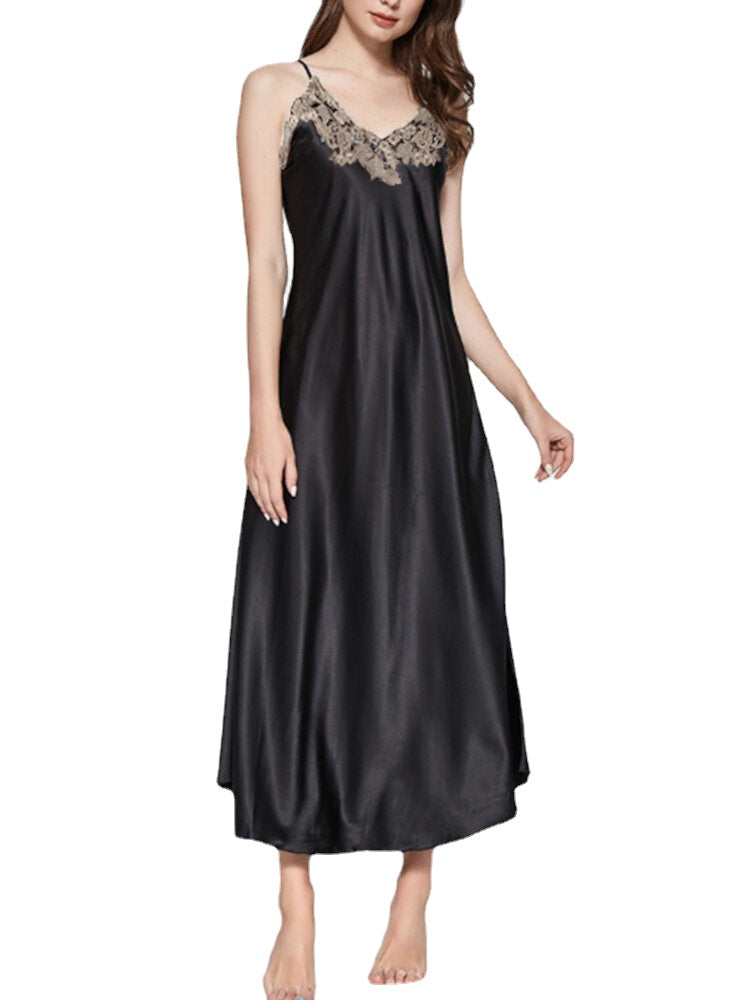 Women's V-Neck Sleeveless Solid Casual Lace Satin Nightgowns Robe Dress