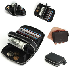 Unisex Genuine Leather 13 Card Slot Coin Holder RFID Anti-magnetic Mini Wallet Double Zipper Pocket Cowhide Coin Purse