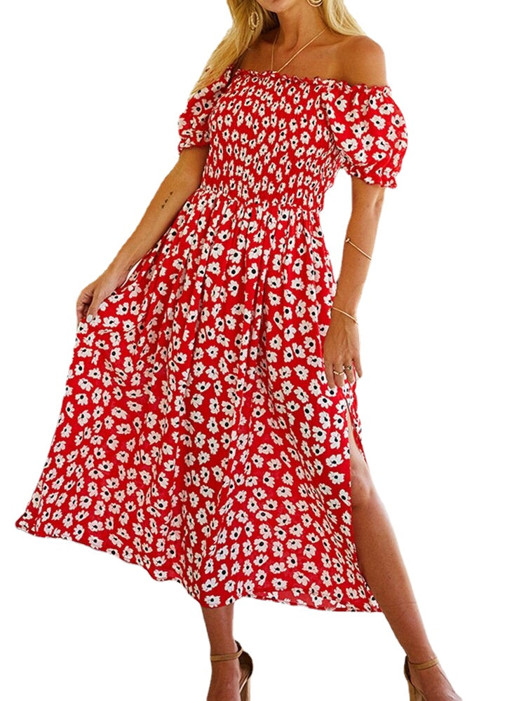 Floral Print Short Sleeve Slit Hem Dress For Women