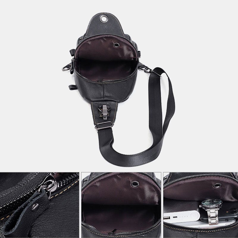 Men Genuine Leather Large Capacity Outdoor Casual Chest Bag Convertible Shoulder Strap Multi-pocket Crossbody