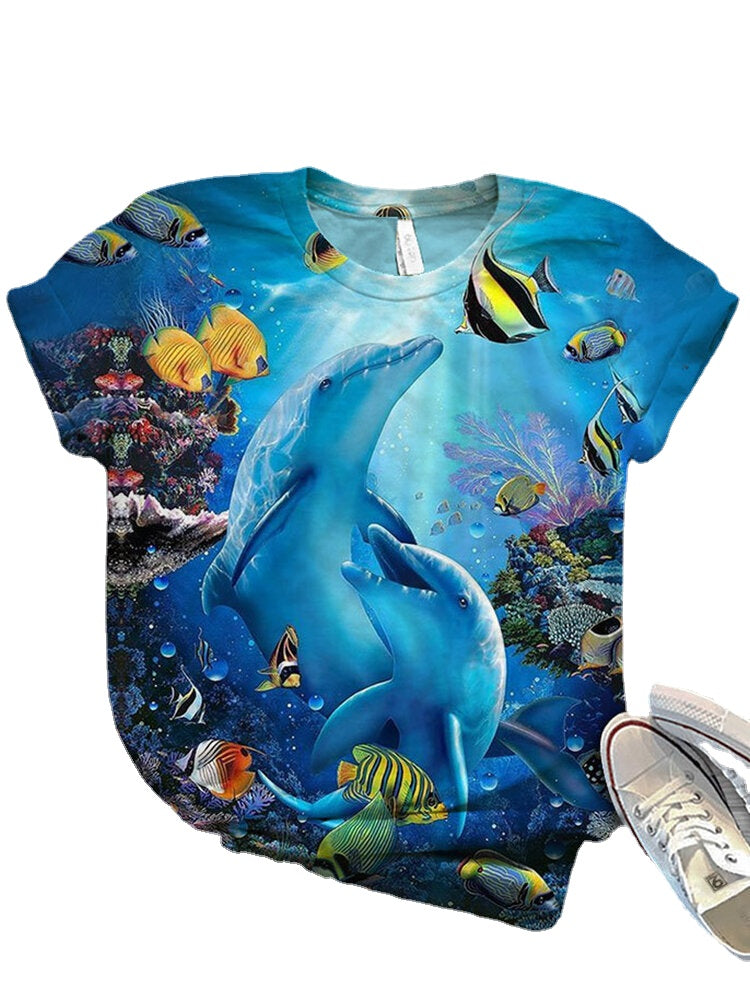 Women Ocean Whale Print O-Neck Casual Short Sleeve T-Shirts