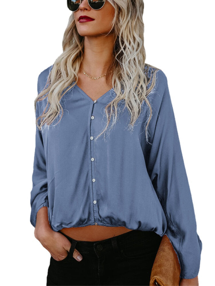 Women Elegant Solid Color V-neck Bat Sleeve Casual Blouse