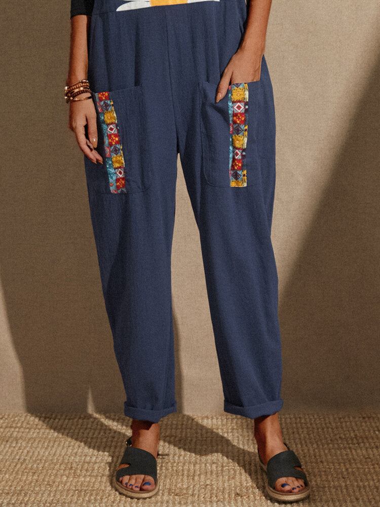 Flower Tribal Pattern Pocket Sleeveless Jumpsuit For Women