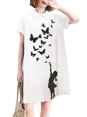 Figure Butterfly Pattern Pocket Short Sleeve Casual Midi Dress