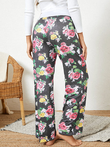 Women Plus Size Allover Flowers Print Drawstring Waist Loose Casual Home Pajamas Pants