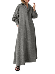 Women Lapel Concealed Button Placket Casual Long Sleeve Maxi Dresses With Pocket