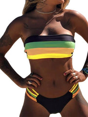 Women's Swimwear Bikini 2 Piece Normal Swimsuit 2 Piece Open Back Bandeau Hole Striped Color Block Green White Black Blue Yellow Bandeau Tube Top Padded Strapless Bathing Suits New Vacation Sexy