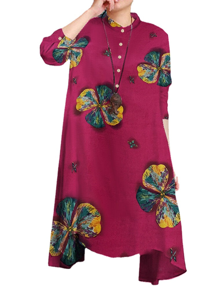 Women Cotton Button Vintage Print High-LowHem Retro Shirt Dress