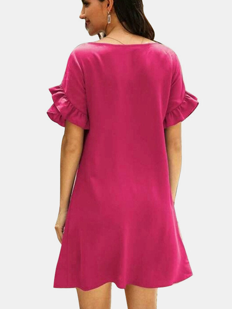 Solid Causal V-neck Short Ruffled Sleeve Dress For Women