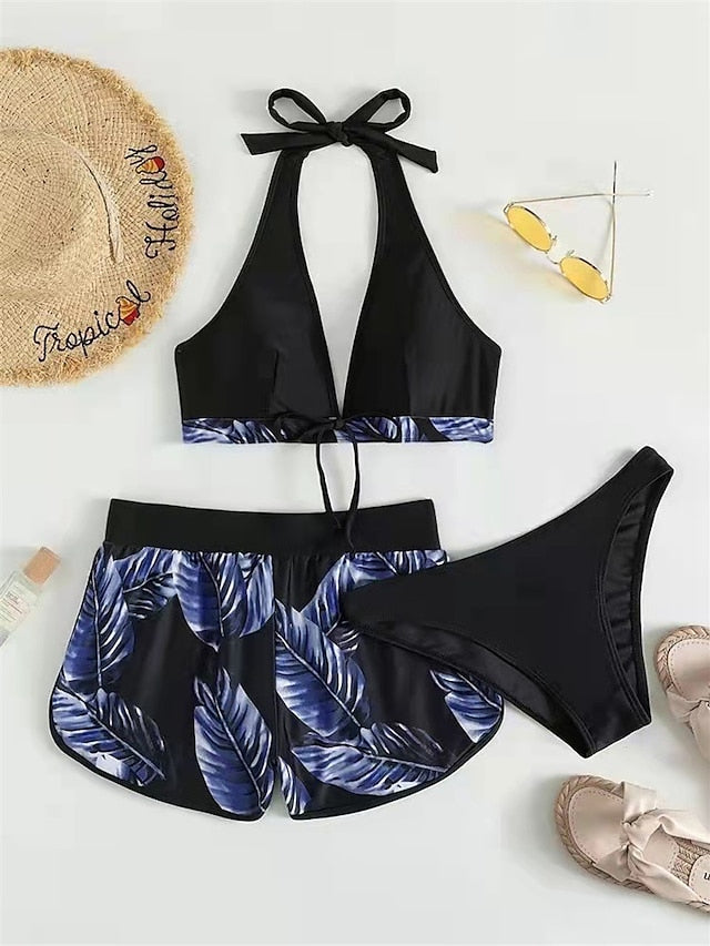 Women's Swimwear Bikini Three Piece Normal Swimsuit Open Back Printing Leaves Blue Purple Gold Tank Top V Wire Bathing Suits Sexy Vacation Fashion / Modern / New / Padded Bras