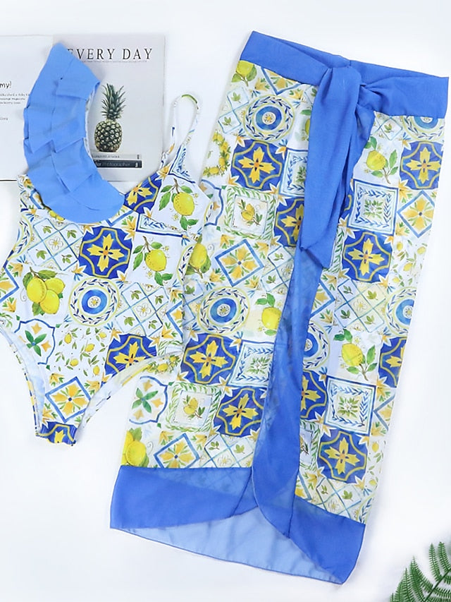 Women's Tankini Monokini Bathing Suit 2-Piece Ruffle Floral Print Padded Strap Pink Blue Retro