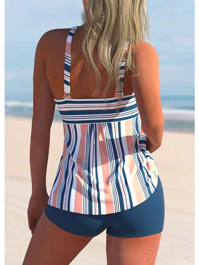 Women's Swimwear 2 Piece Plus Size Swimsuit Tummy Control Open Back Stripes / Ripples Rosy Pink Blue Strap Bathing Suits New Vacation Cute