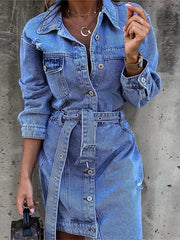 Women's Cotton Denim Midi Shirt Dress with Lace-Up and Buttons for Spring/Summer