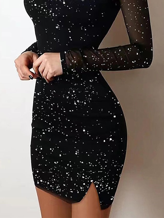 Women‘s Party Dress Wedding Guest Dress Sequin Dress Holiday Dress Mini Dress Black Long Sleeve Pure Color Sequins Winter Fall Spring Turtleneck Fashion Party Winter Dress Birthday