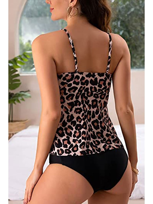 Women's Swimwear Tankini 2 Piece Normal Swimsuit 2 Piece Printing Leopard Floral Black Yellow Pink Purple Brown Bathing Suits Sports Beach Wear Summer