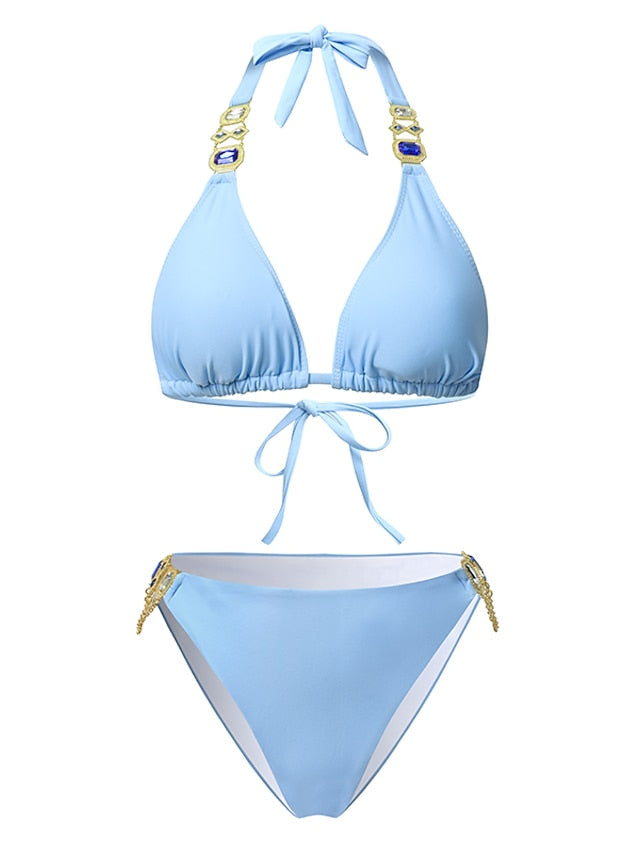 Women's Swimwear Bikini 2 Piece Normal Swimsuit Glitter Solid Color White Black Blue Purple Yellow Plunge Bathing Suits Sexy Vacation Fashion / New / Padded Bras