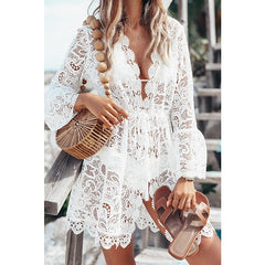 Women's Summer Beach Wear Beach Cover Up Perspective Sexy Lace Long-Sleeved V-Neck Top