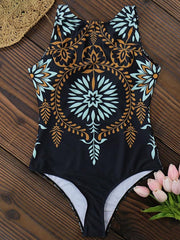 Women's Swimwear One Piece Monokini Bathing Suits Normal Swimsuit Tummy Control Slim Floral Black Beige Scoop Neck Bathing Suits Sports Active Casual / Sexy / New / Padded Bras