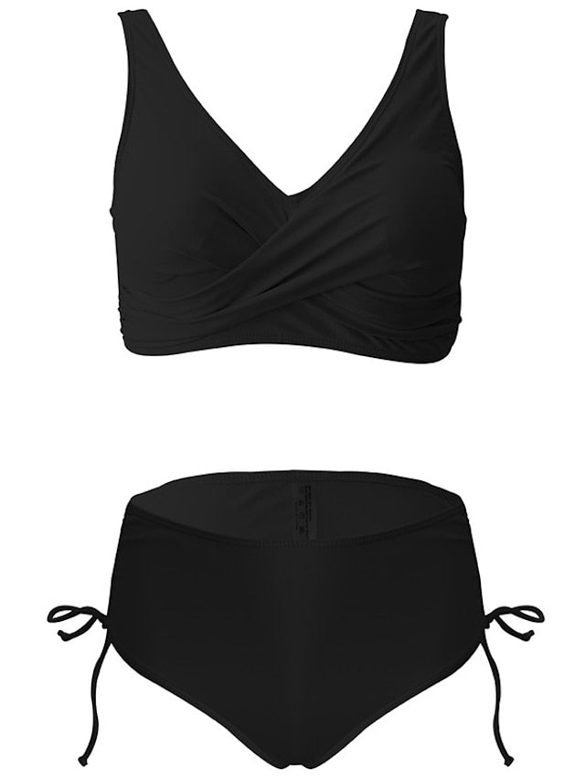 Women's Swimwear Bikini 2 Piece Normal Swimsuit Open Back Pure Color Black Wine Army Green Royal Blue Orange Tank Top V Wire Bathing Suits New Vacation Fashion / Sexy / Modern / Padded Bras