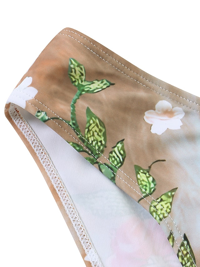 Women's Swimwear Tankini 2 Piece Normal Swimsuit High Waisted Trees / Leaves Floral Print Khaki Padded V Wire Bathing Suits Sports Vacation Sexy / Strap / New / Strap