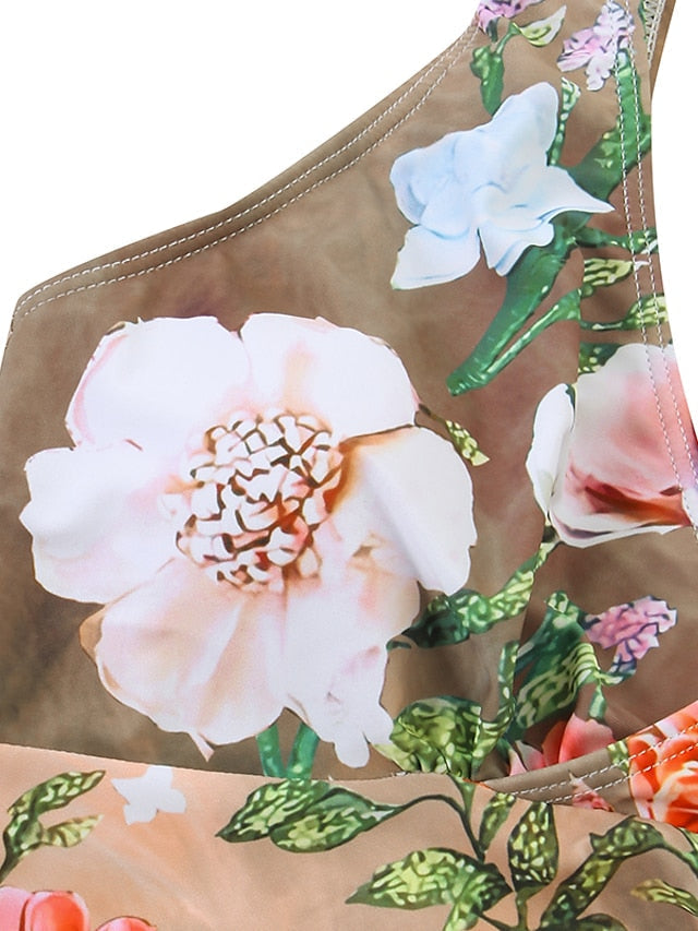 Women's Swimwear Tankini 2 Piece Normal Swimsuit High Waisted Trees / Leaves Floral Print Khaki Padded V Wire Bathing Suits Sports Vacation Sexy / Strap / New / Strap