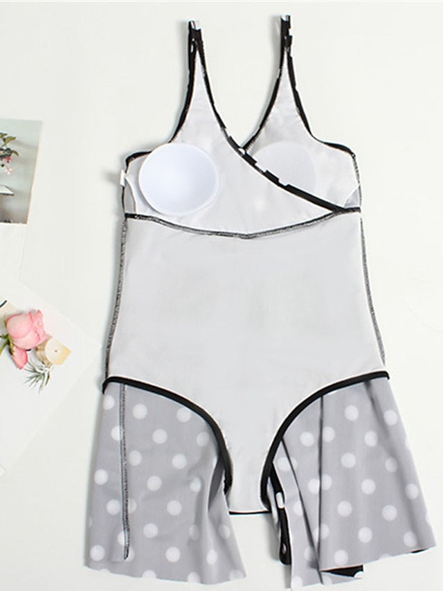 Women's Swimwear One Piece Swim Dress Plus Size Swimsuit Tummy Control Open Back Printing for Big Busts Polka Dot Black Padded V Wire Bathing Suits New Casual Vacation / Modern / Padded Bras