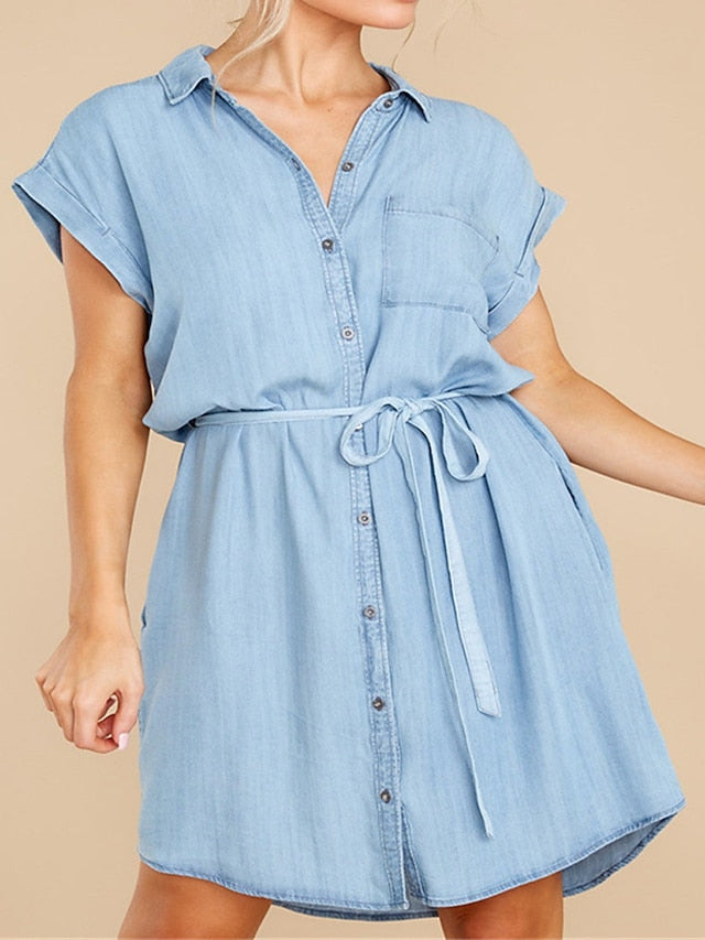 Women's Denim Shirt Dress - Sleeveless Lace-Up Mini Dress for Summer