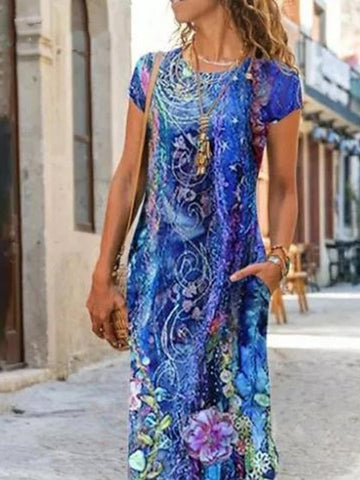 Women‘s A Line Dress Maxi long Dress Blue Short Sleeve Floral Pocket Print Summer Round Neck Casual