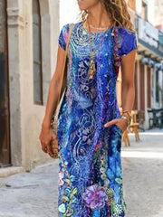 Women‘s A Line Dress Maxi long Dress Blue Short Sleeve Floral Pocket Print Summer Round Neck Casual