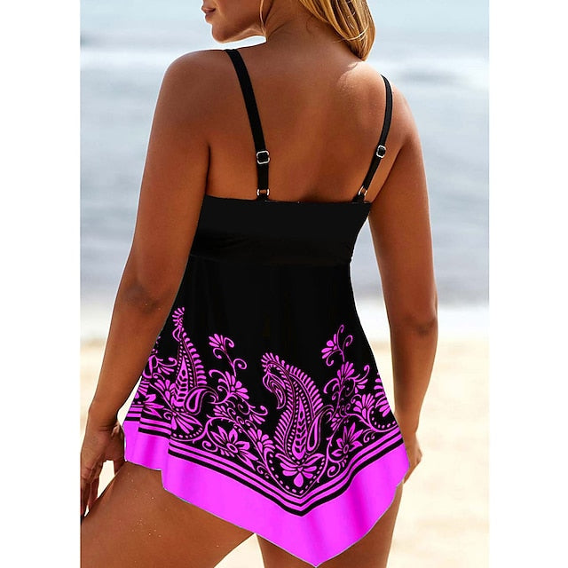 Women's Swimwear Swimdresses Plus Size Swimsuit 2 Piece Printing Graphic Blue Rose Red Bathing Suits Sports Beach Wear Summer