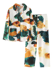 Women Vintage Floral Print Camp Collar Double Pocket Shirt Elastic Waist Pants Sleepwear Home Pajamas