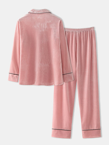 Women Plus Size Velvet Lapel Button Loose Straight Pants Homewear Lounge Solid Pajamas Set