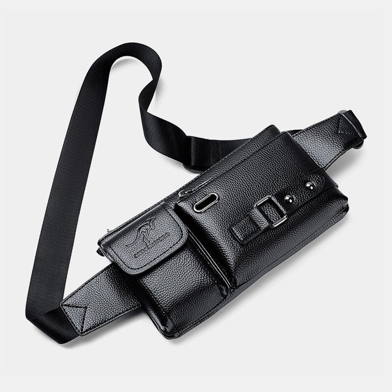 Men Multifunction Multi-compartment Chest Bag Waist Bag PU Leather Large Capacity Headphone Hole Crossbody Shoulder Bag