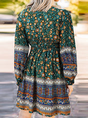 Ethnic Print Patchwork Lantern Sleeve Elastic Waist Midi Dress