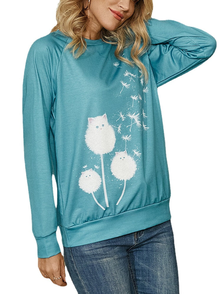 Women Cute Cat Dandelions Print Round Neck Long Sleeve Casual Sweatshirt