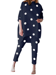 Polka Dot Irregular Hem Elastic Waist Casual Suit