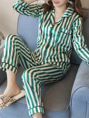 Women Striped Revere Collar Button Up Long Sleeve Shirt Two Piece Pajama Set