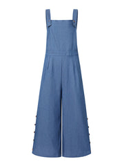 Women Denim Solid Color Button Loose Overalls Casual Wide Leg Pocket Jumpsuits