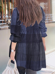 Women Plaid Puff Sleeve Loose Splicing O-neck Pleated Plain Casual Blouses