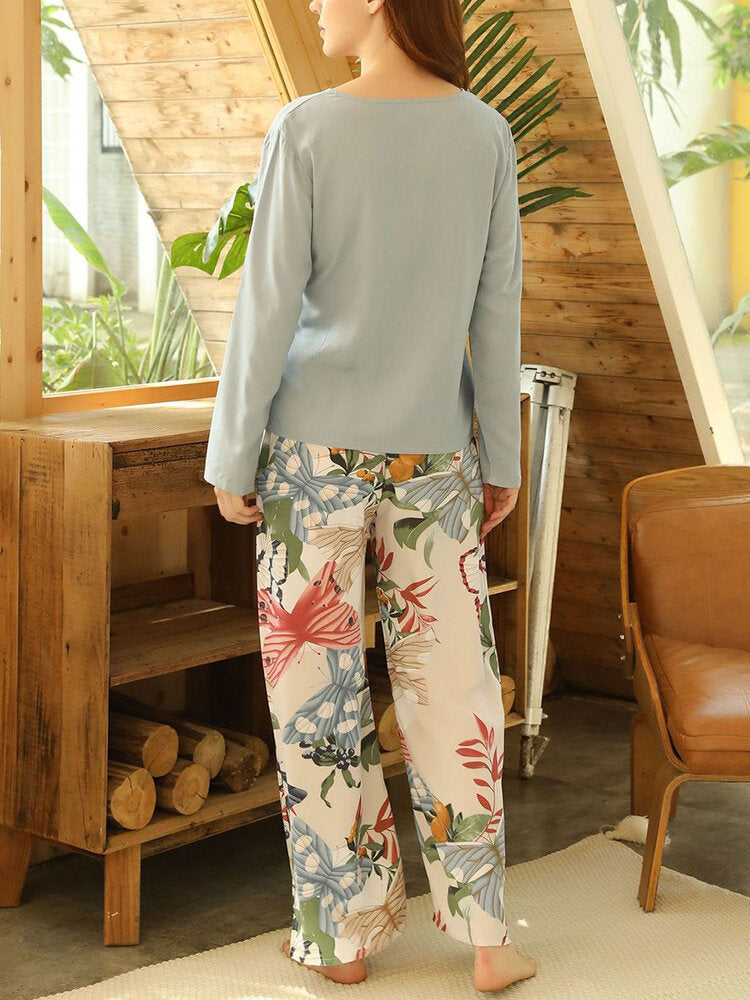 Women Butterfly & Floral Print V-Neck Bow Comfy Long Pajamas Sets Loungewear