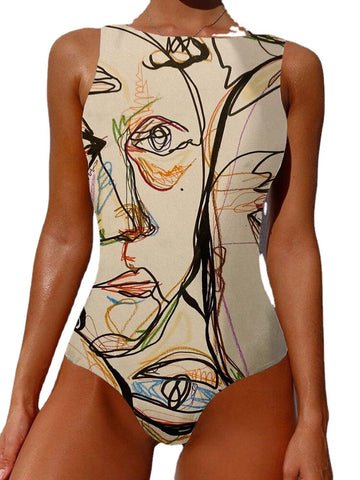 Graffiti Abstract Print Round Neck One Piece Sleevless Slimming Swimsuit For Women