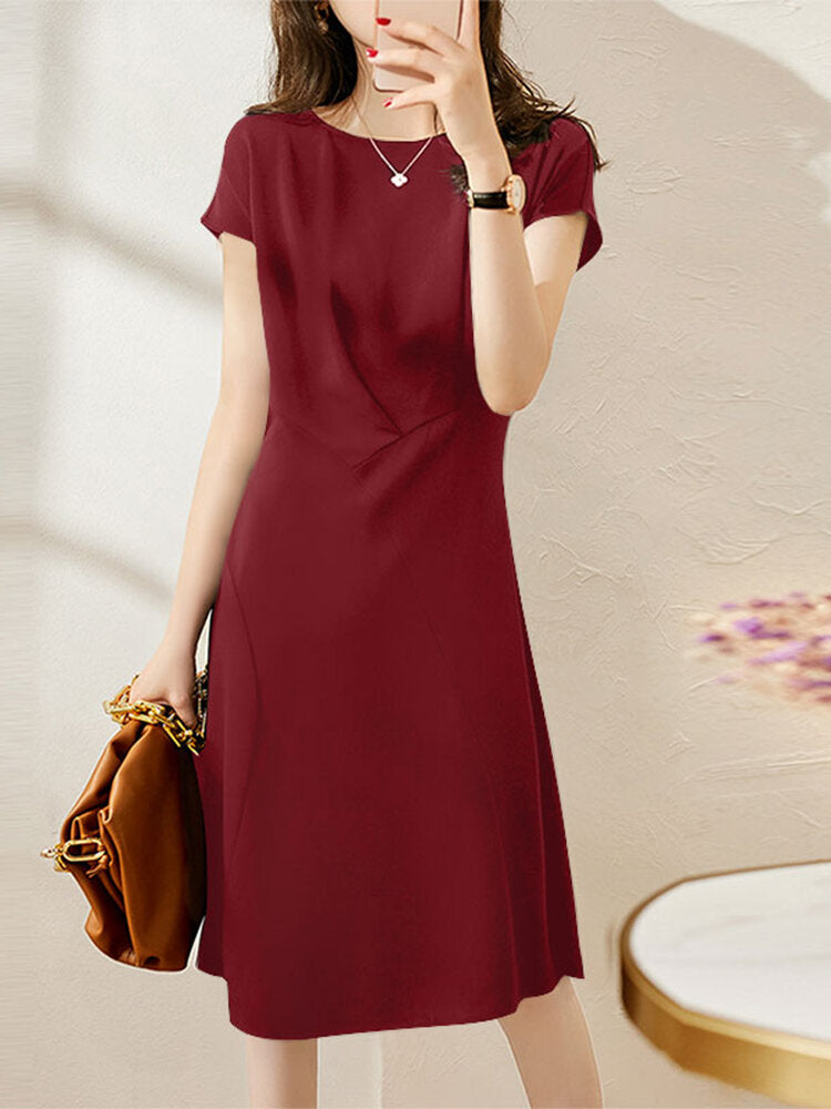 Solid Invisible Zip Side Short Sleeve Crew Neck Dress