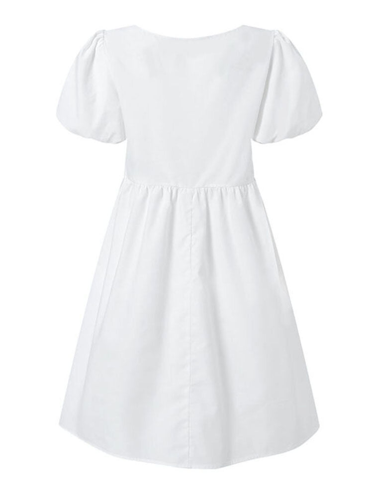 Puff Sleeve Square Collar Solid Short Princess Casual Dress For Women