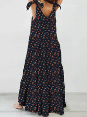 Women Cotton Floral Printing Sleeveless Detachable Bohemian Lace-Up Pleated Maxi Dress